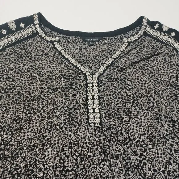 Lucky Brand Womens S Boho High Low Split Back Black Embroidered Paisley Shirt - Picture 10 of 12